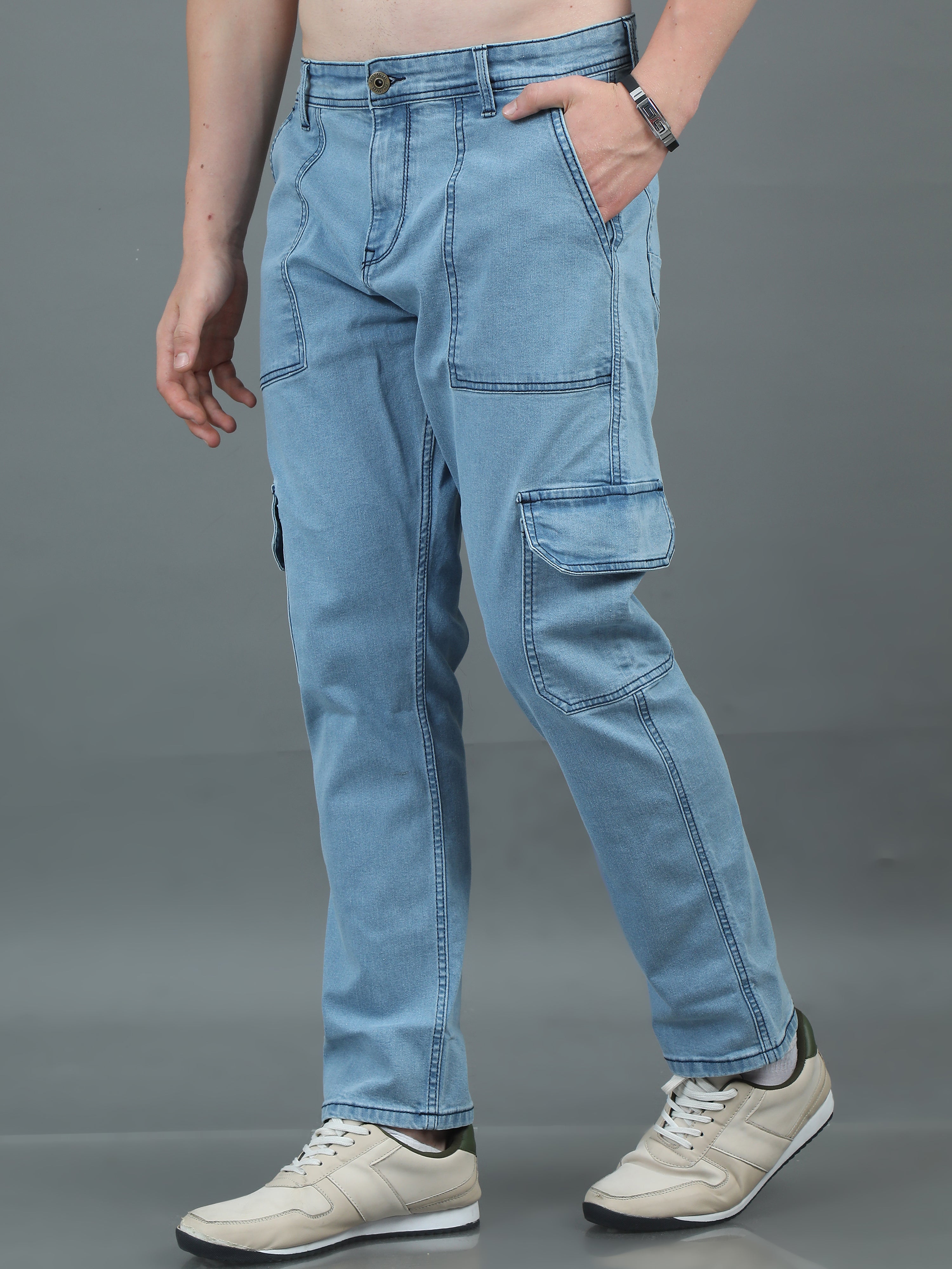 Men Relaxed Fit Light Blue Cargo Jeans