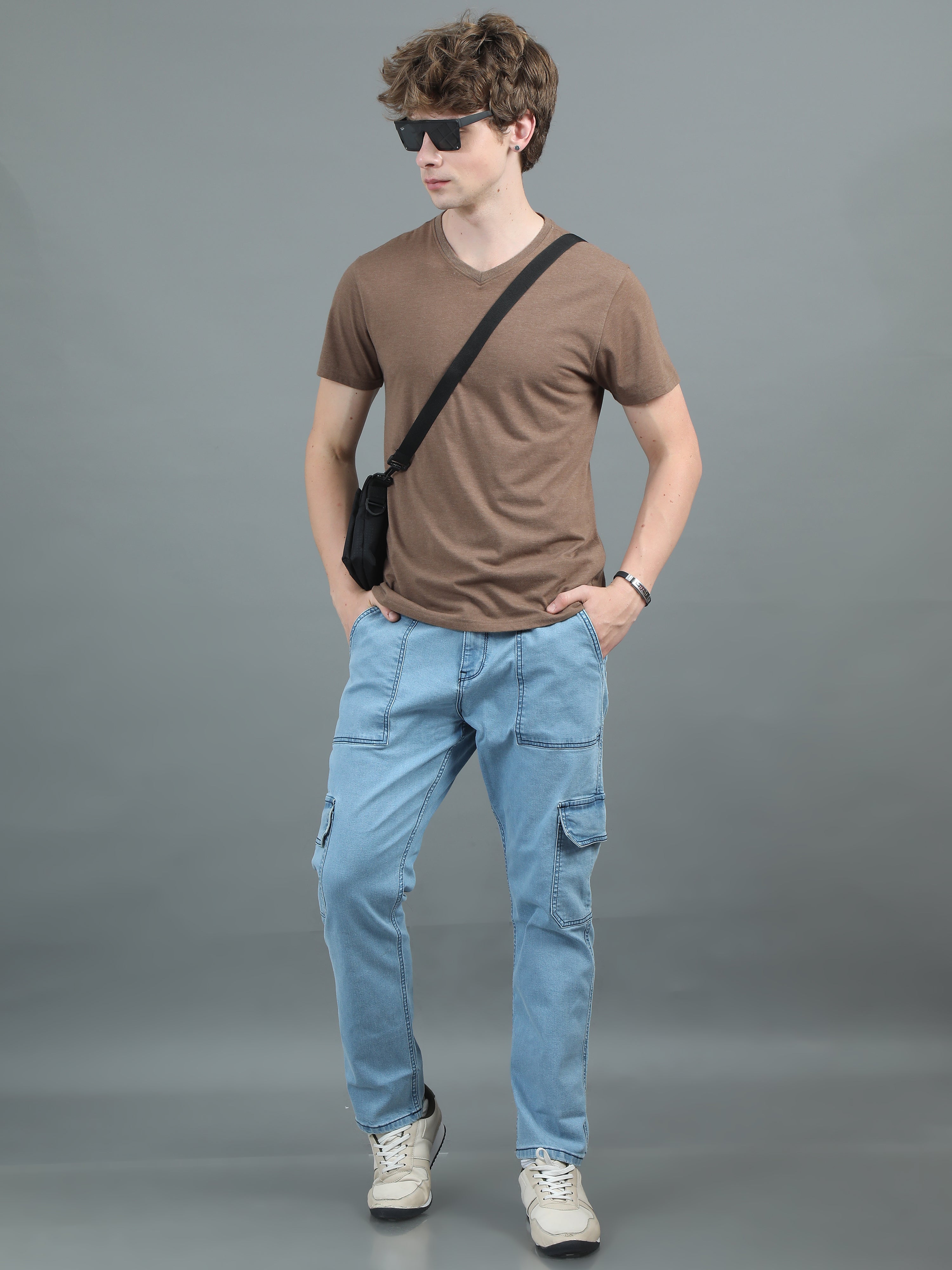 Men Relaxed Fit Light Blue Cargo Jeans