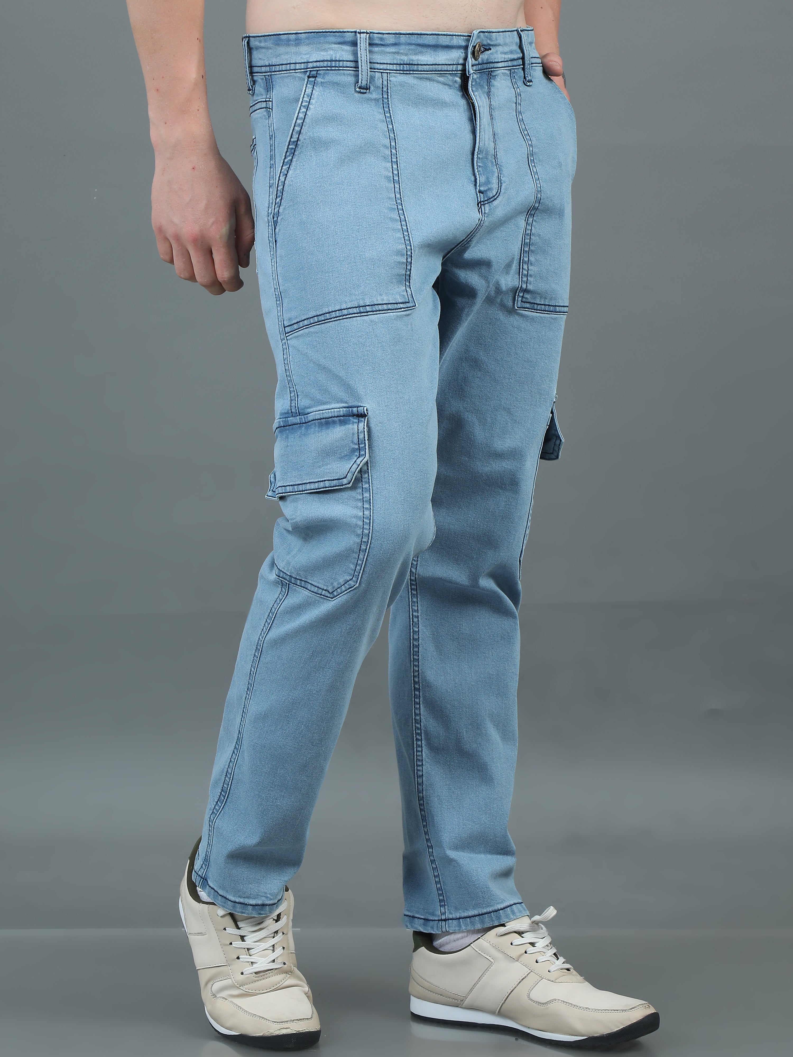 Men Relaxed Fit Light Blue Cargo Jeans