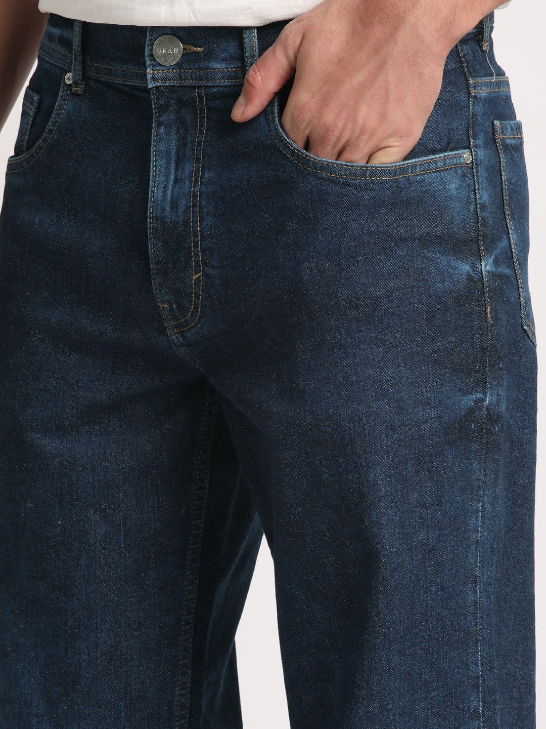 Men Mid Blue Solid Mid Rise Straight Fit Jean