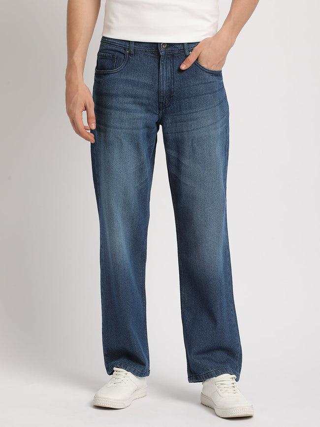 Men Blue Solid Mid Rise Straight Fit Jean