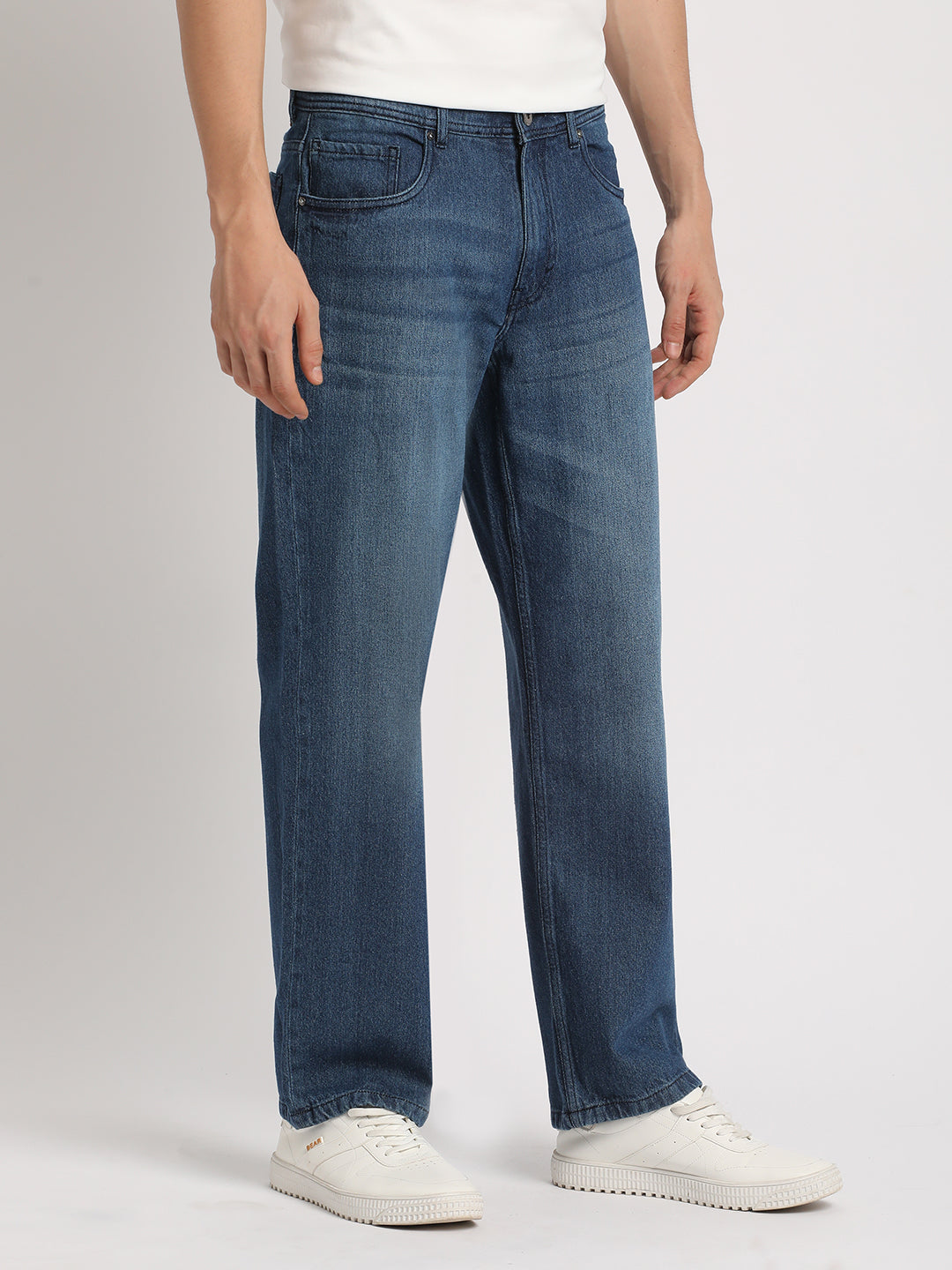 Men Blue Solid Mid Rise Straight Fit Jean
