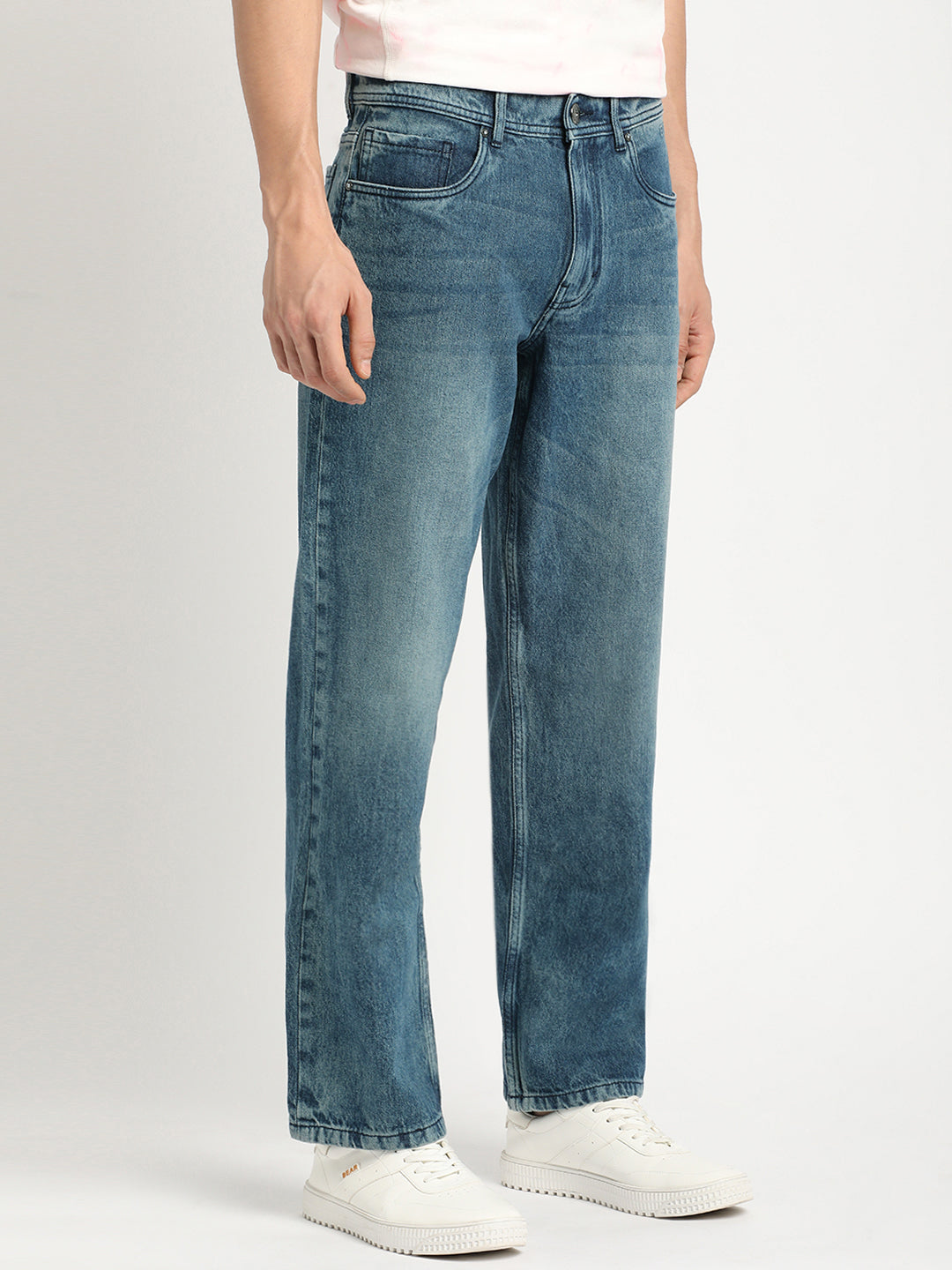 Men Mid Blue Solid Mid Rise Straight Fit Jean