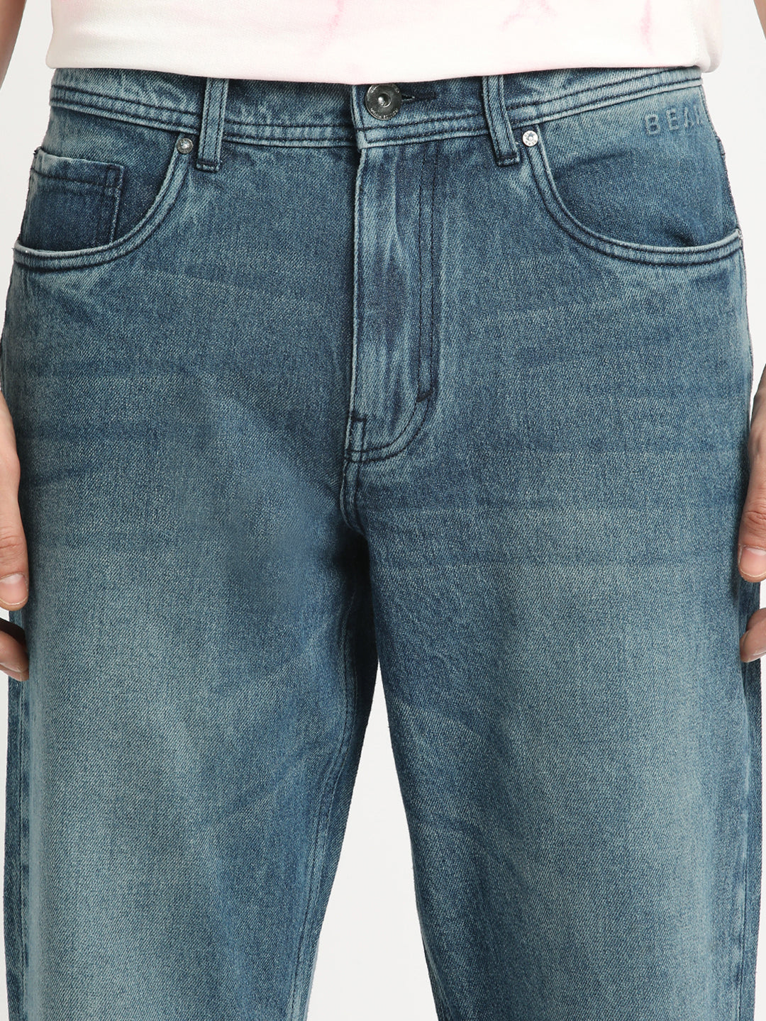 Men Mid Blue Solid Mid Rise Straight Fit Jean