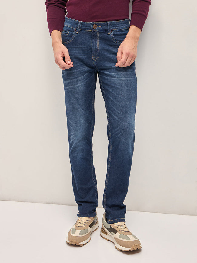 Men Dark BlueLight Fade Mid-Rise Slim Fit Jeans