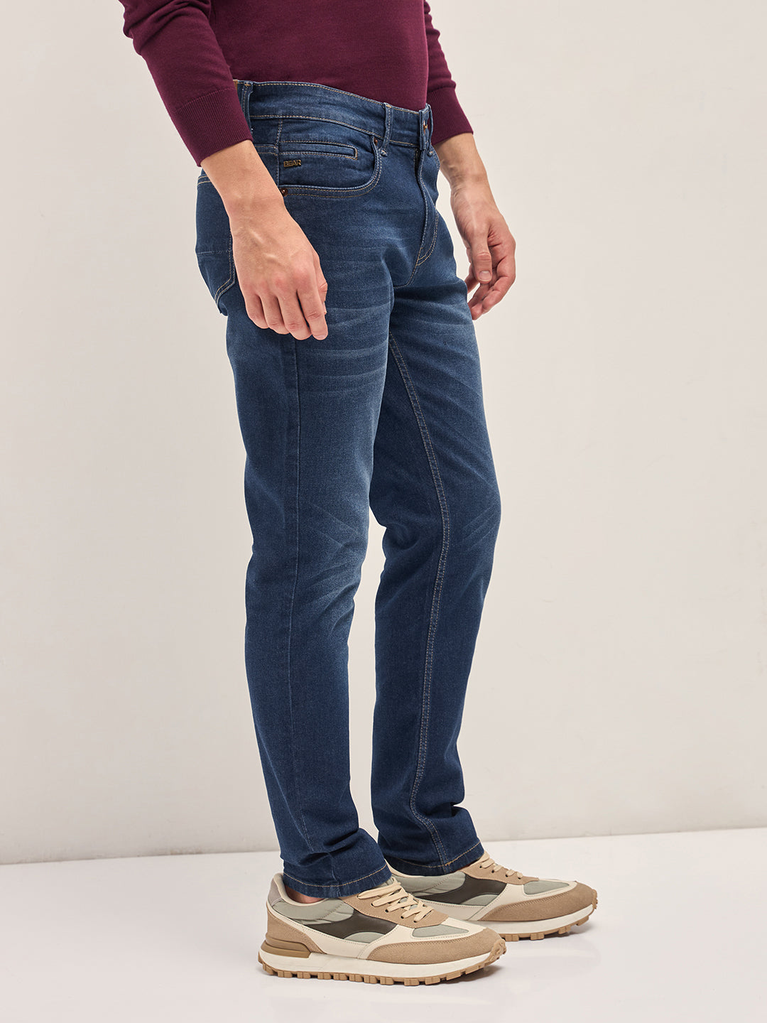 Men Dark BlueLight Fade Mid-Rise Slim Fit Jeans