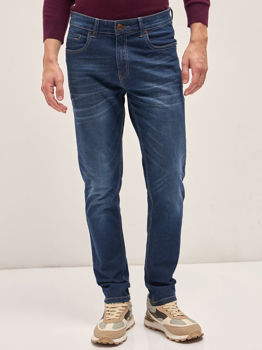 Men Dark BlueLight Fade Mid-Rise Slim Fit Jeans