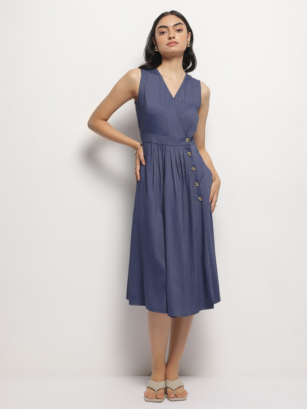 Women V-Neck Indigo Wrap Dress