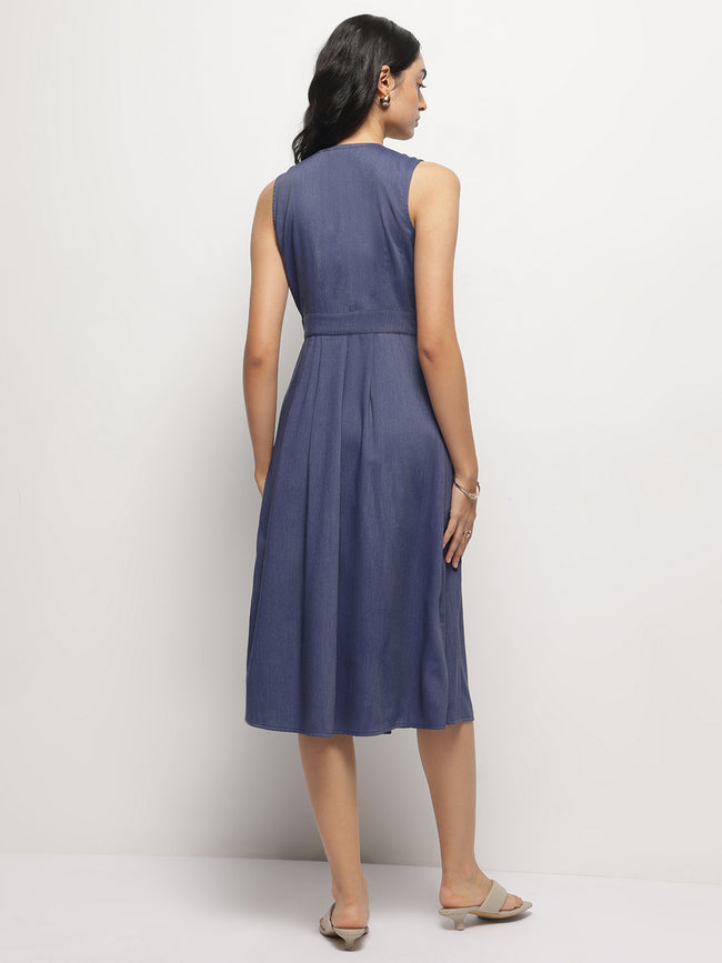 Women V-Neck Indigo Wrap Dress