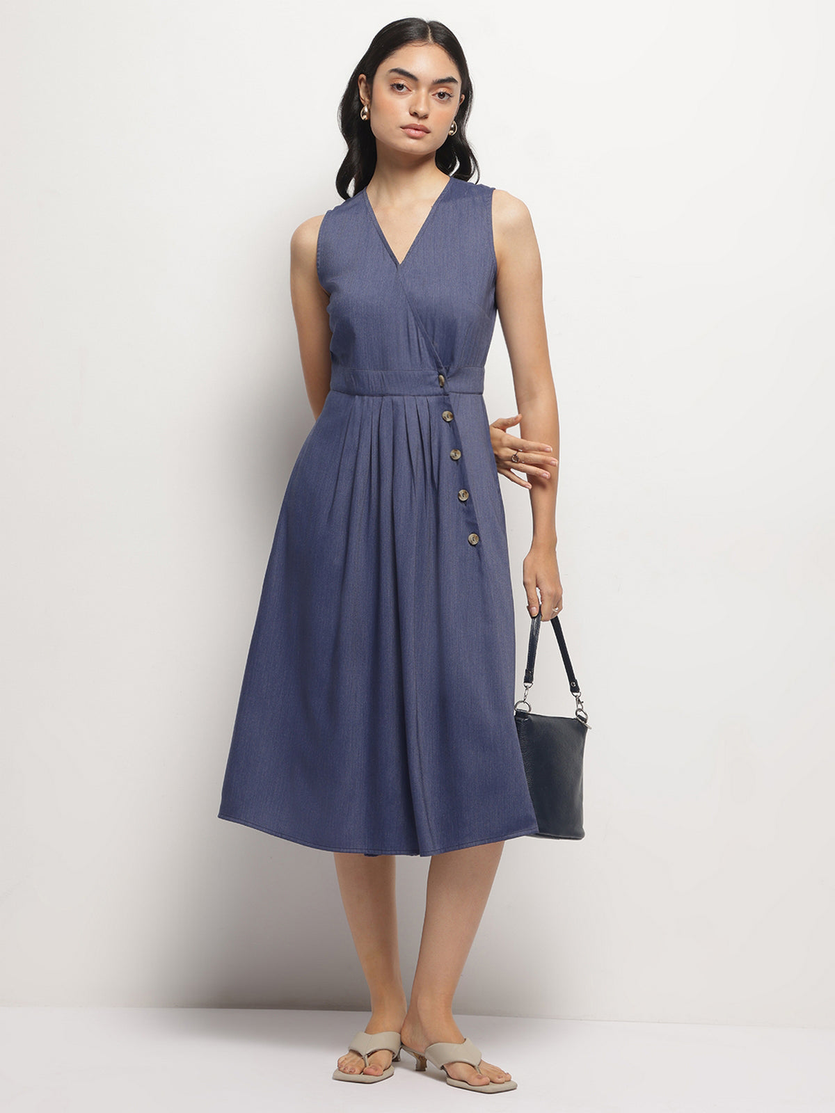 Women V-Neck Indigo Wrap Dress