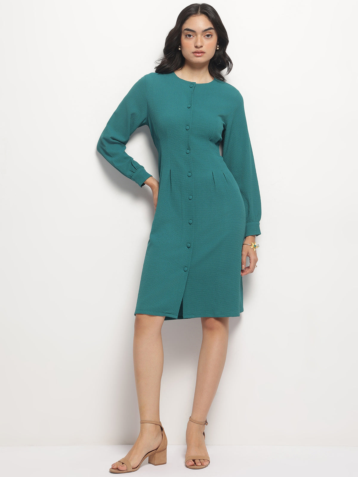 Women Vintage A-line Buttons O-Neck Dress