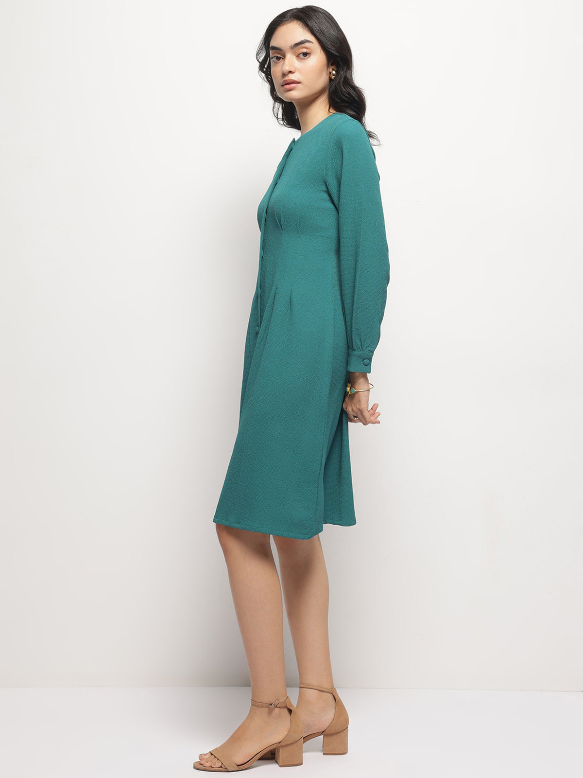 Women Vintage A-line Buttons O-Neck Dress