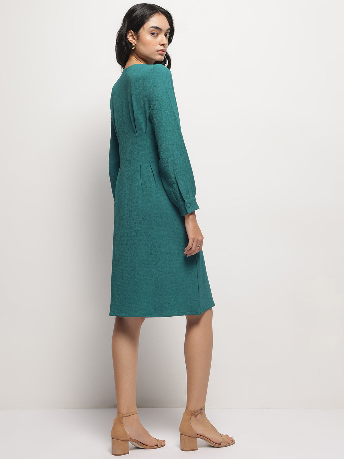 Women Vintage A-line Buttons O-Neck Dress