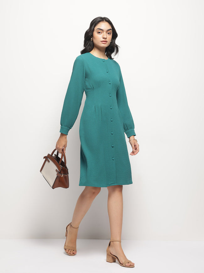 Women Vintage A-line Buttons O-Neck Dress