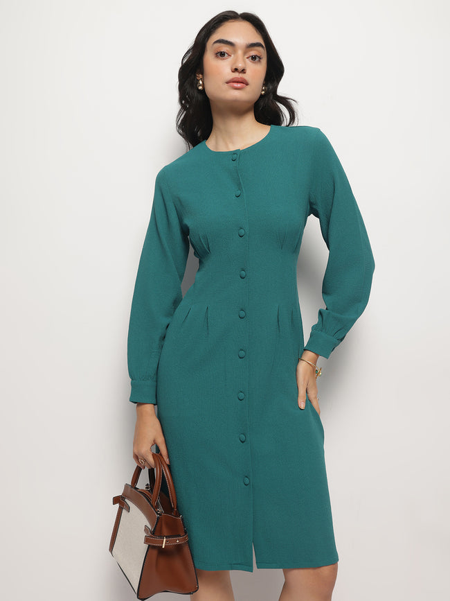 Women Vintage A-line Buttons O-Neck Dress