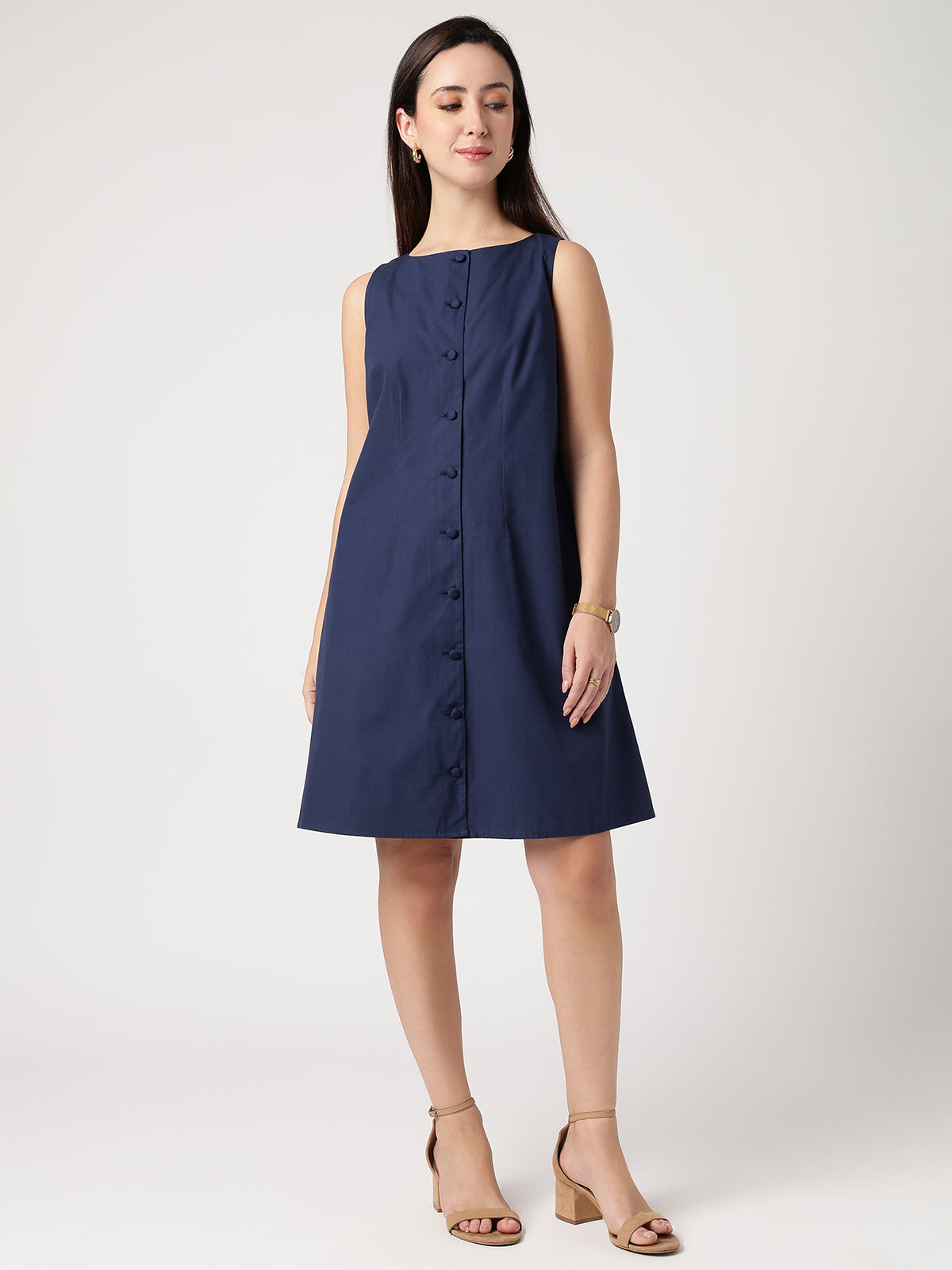 Women Navy Blue Cotton Buttoned Dress
