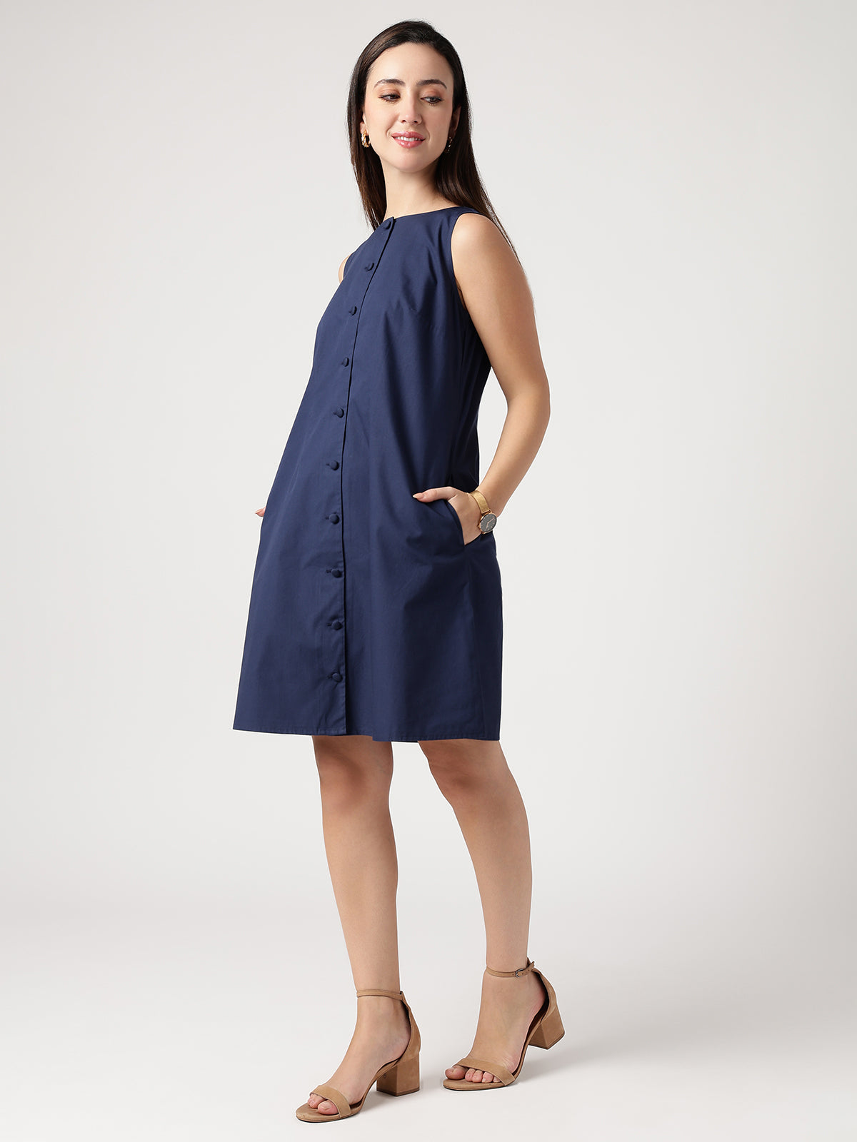 Women Navy Blue Cotton Buttoned Dress