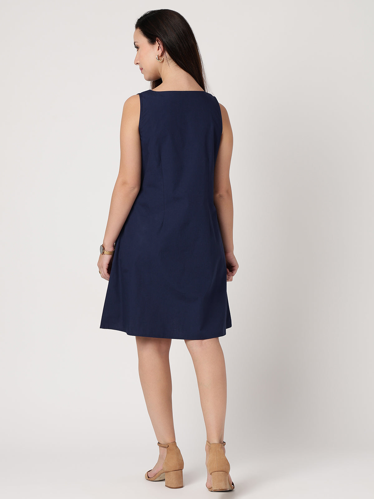 Women Navy Blue Cotton Buttoned Dress