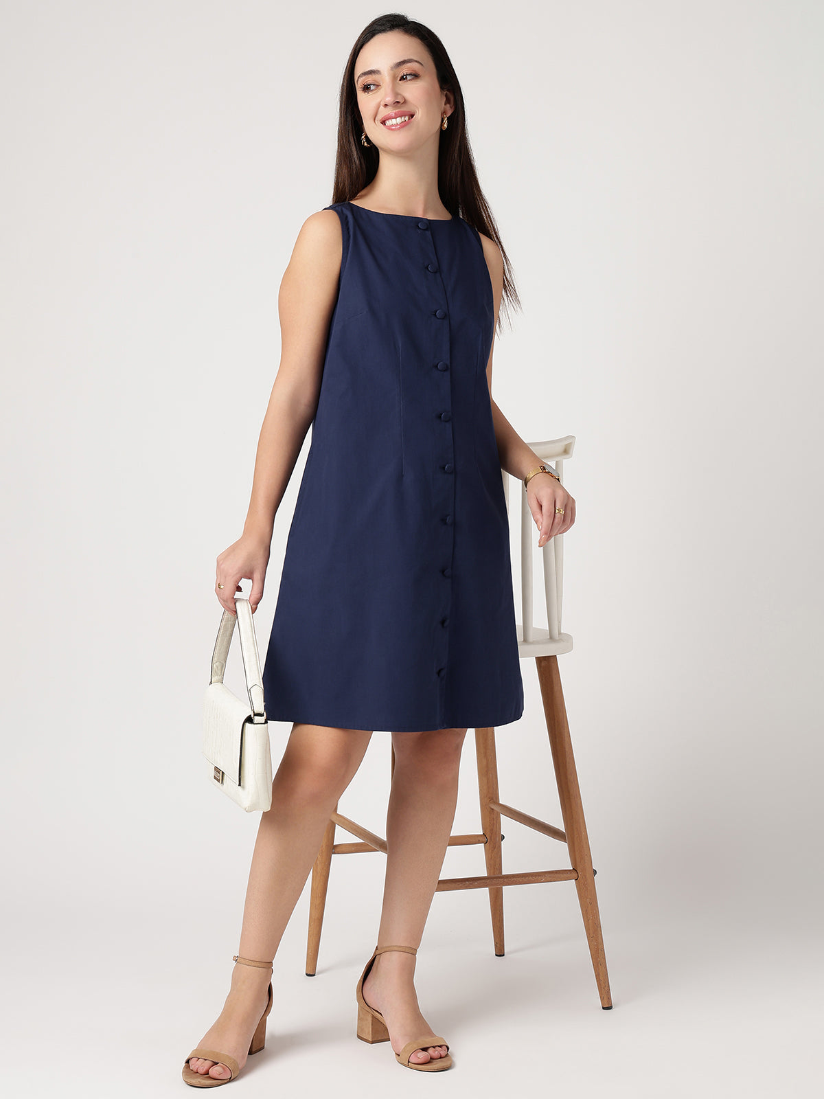 Women Navy Blue Cotton Buttoned Dress