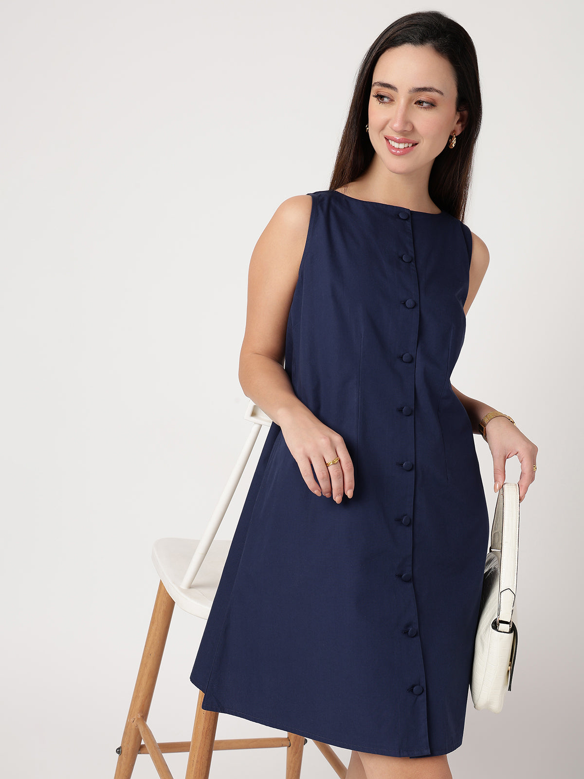 Women Navy Blue Cotton Buttoned Dress