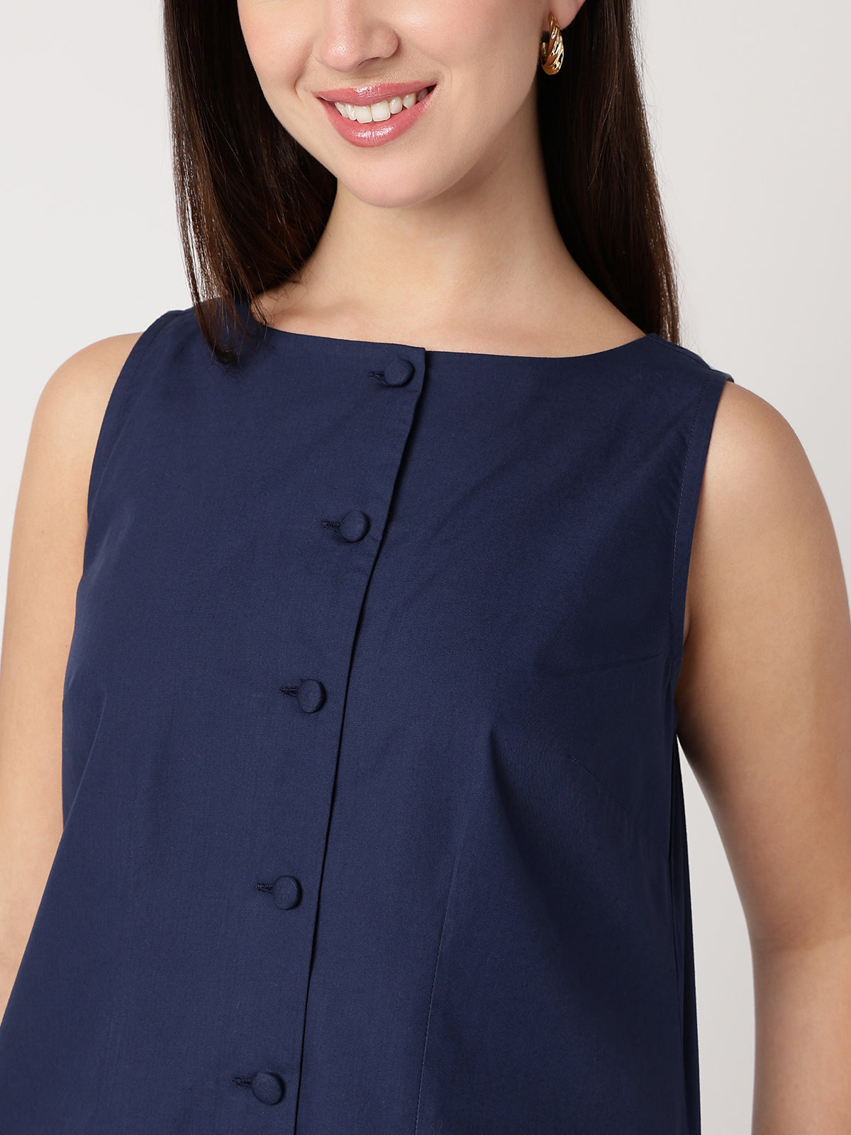 Women Navy Blue Cotton Buttoned Dress