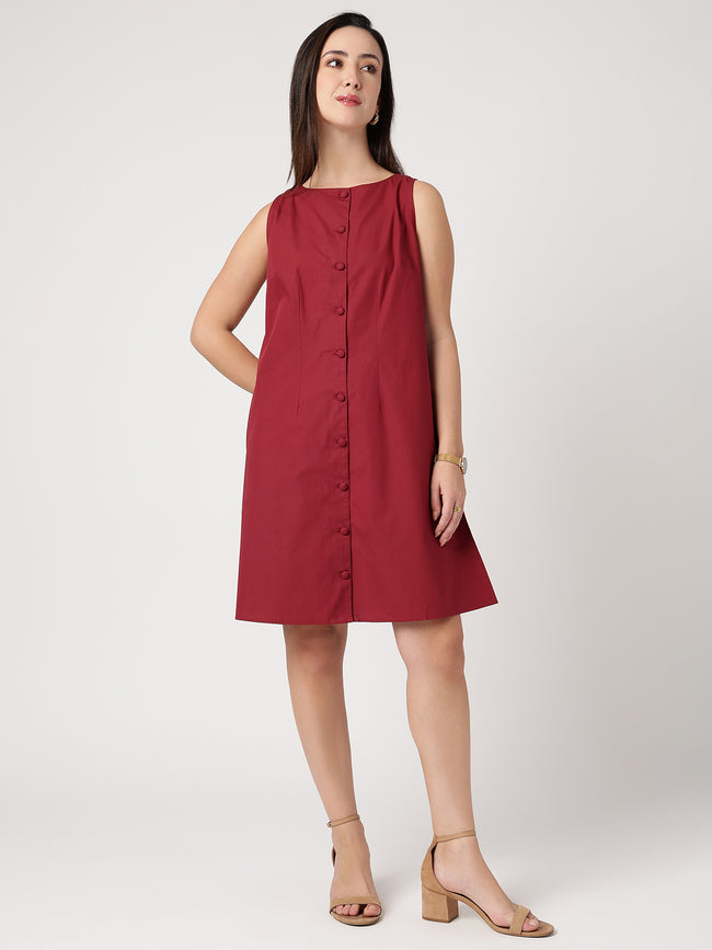 Women Maroon Cotton Buttoned Dress