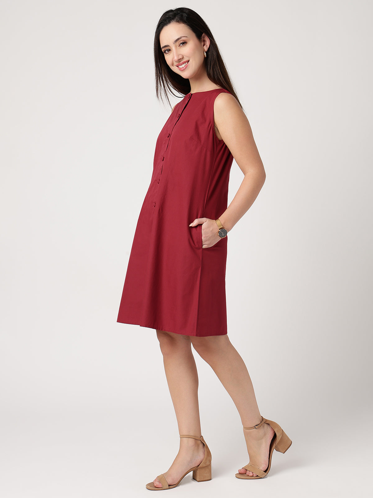 Women Maroon Cotton Buttoned Dress