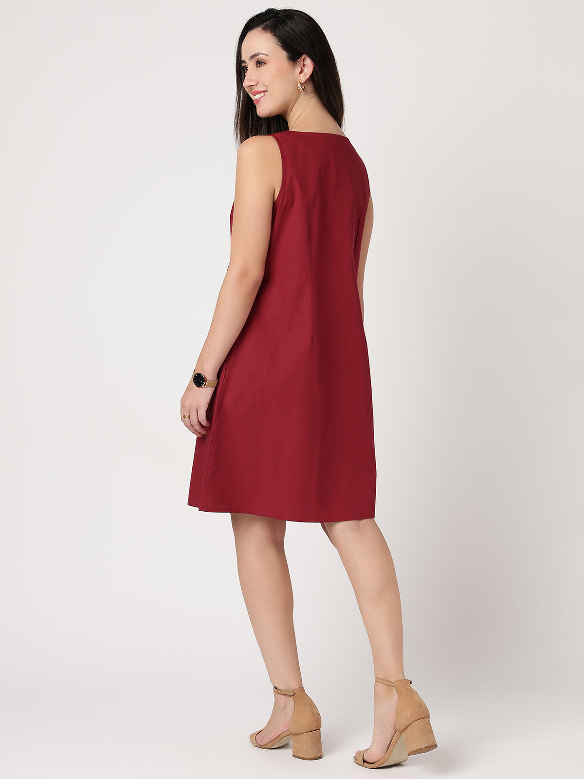 Women Maroon Cotton Buttoned Dress