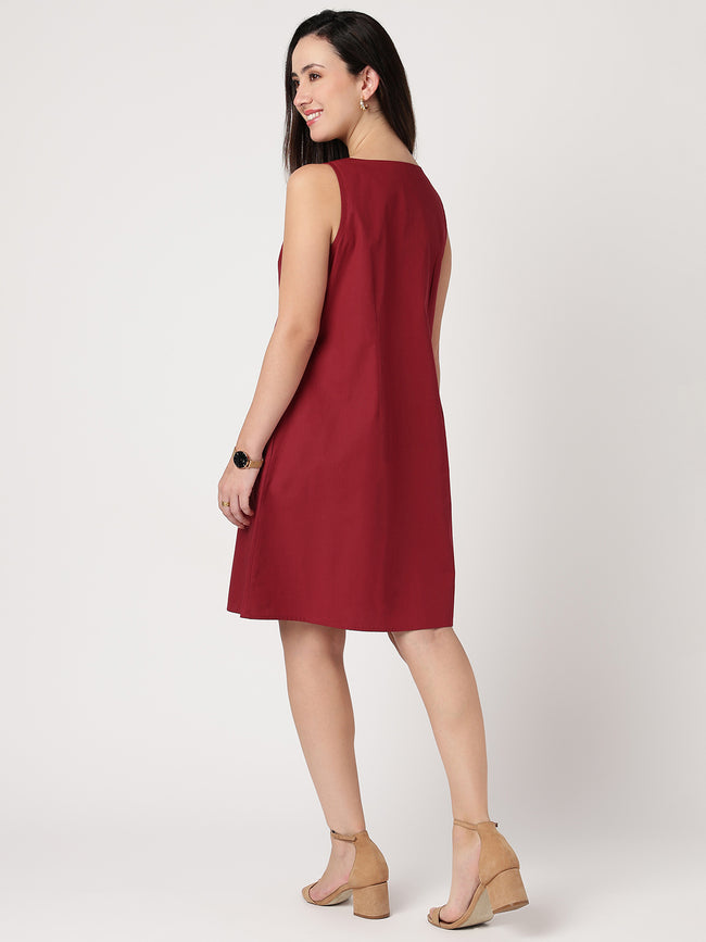 Women Maroon Cotton Buttoned Dress