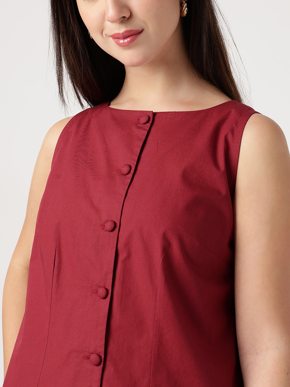 Women Maroon Cotton Buttoned Dress