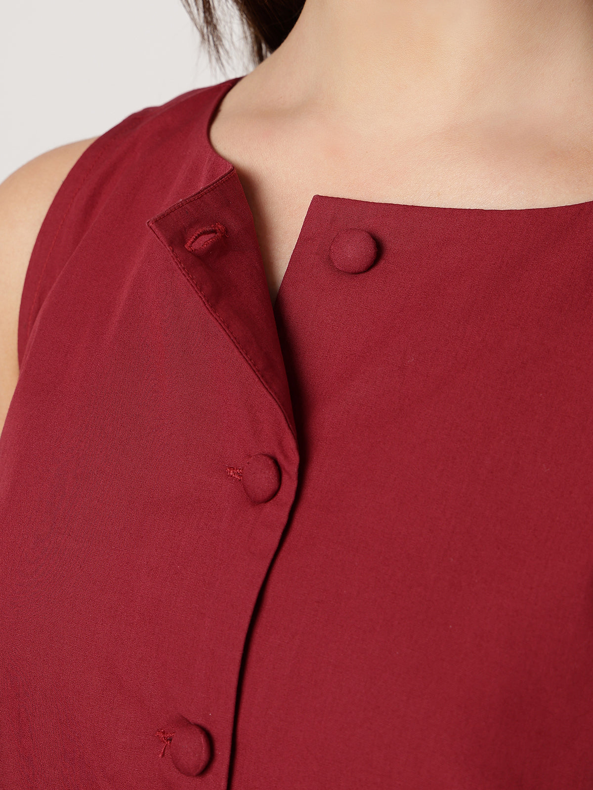 Women Maroon Cotton Buttoned Dress
