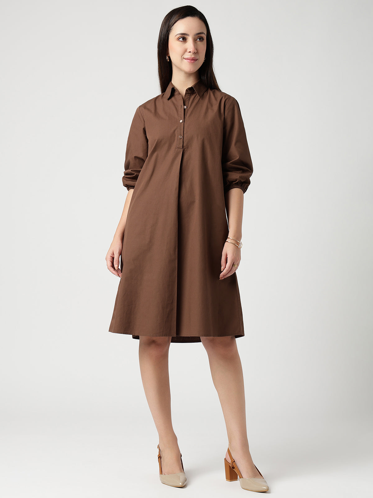 Women Brown Cotton Buttoned Shirt Dress