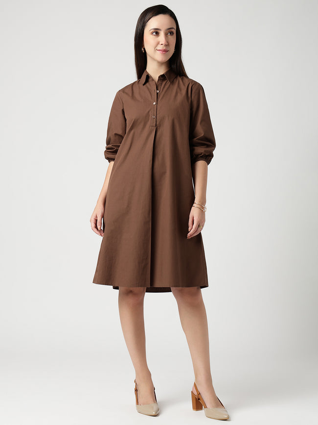 Women Brown Cotton Buttoned Shirt Dress