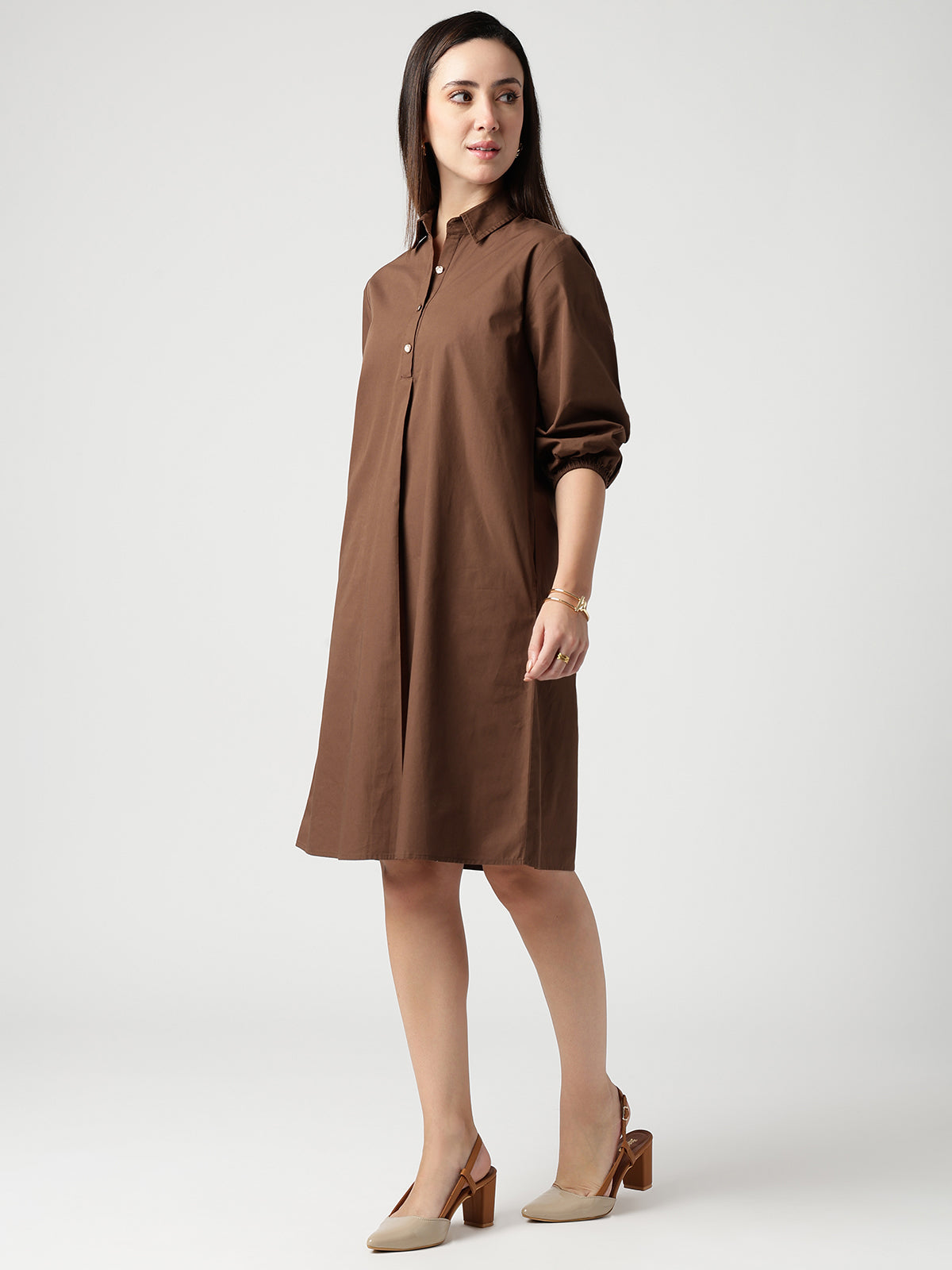 Women Brown Cotton Buttoned Shirt Dress
