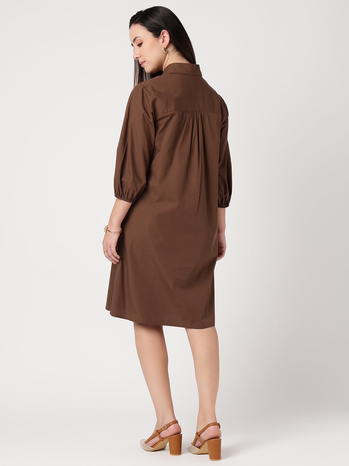 Women Brown Cotton Buttoned Shirt Dress