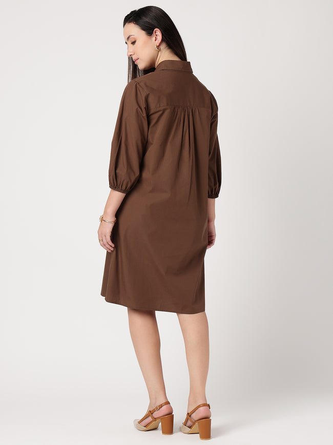 Women Brown Cotton Buttoned Shirt Dress