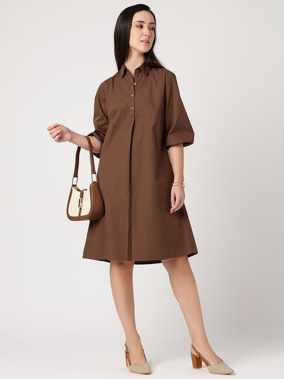 Women Brown Cotton Buttoned Shirt Dress