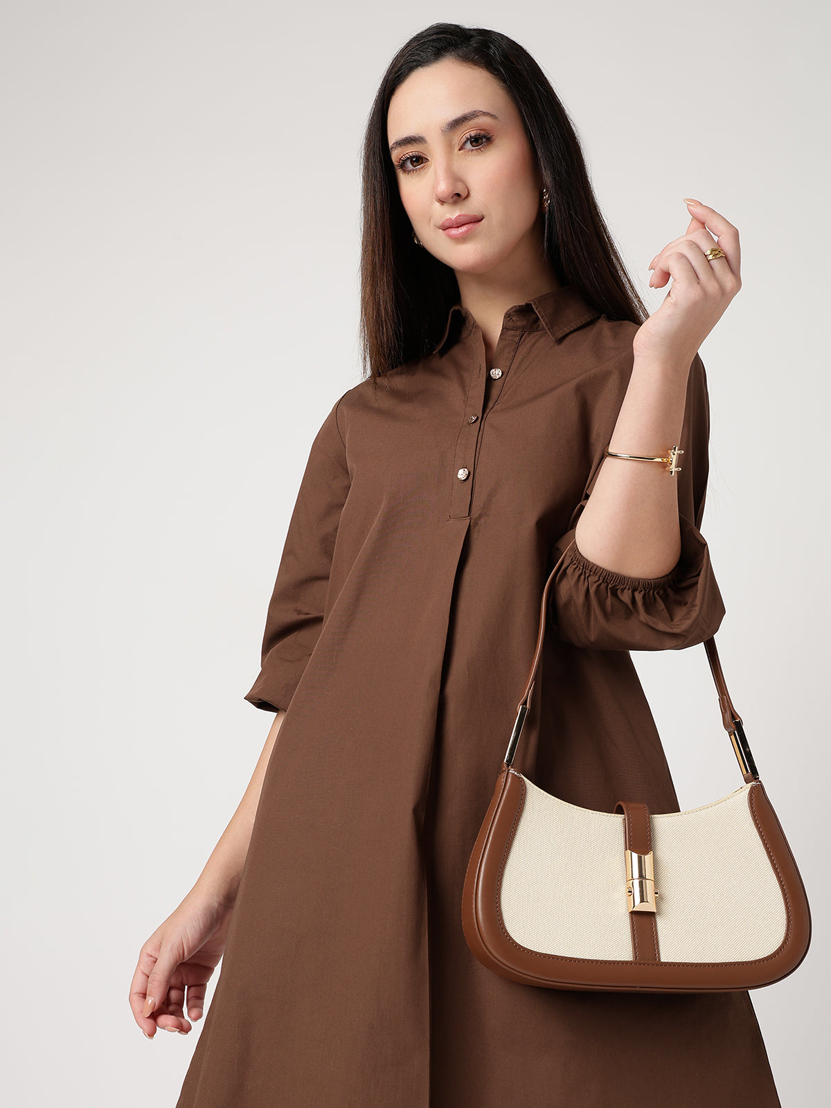 Women Brown Cotton Buttoned Shirt Dress