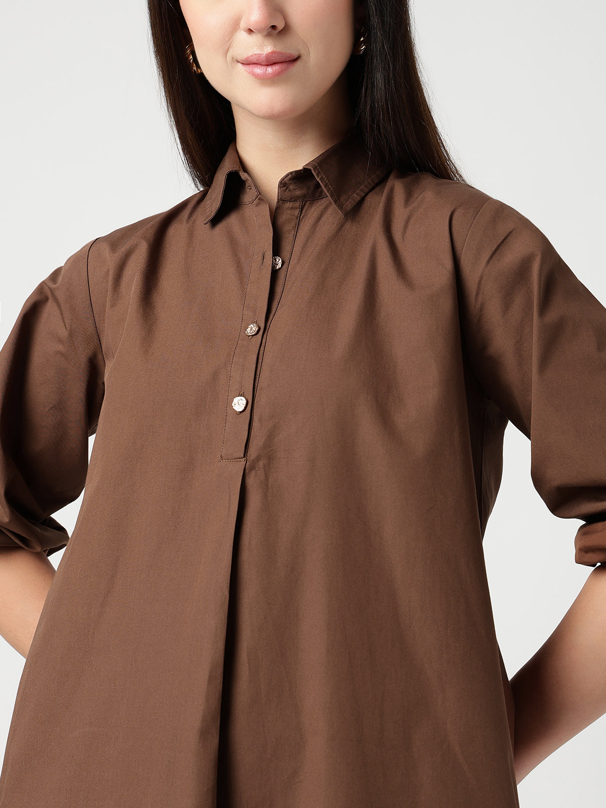 Women Brown Cotton Buttoned Shirt Dress