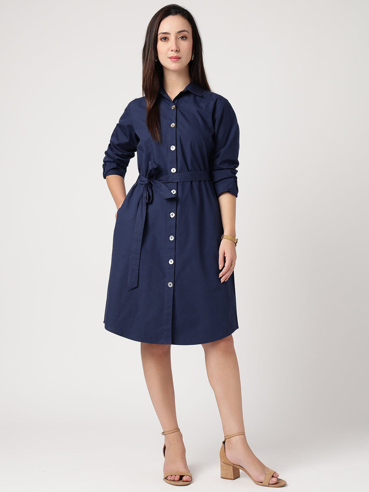 Women Navy Blue Cotton Shirt Dress