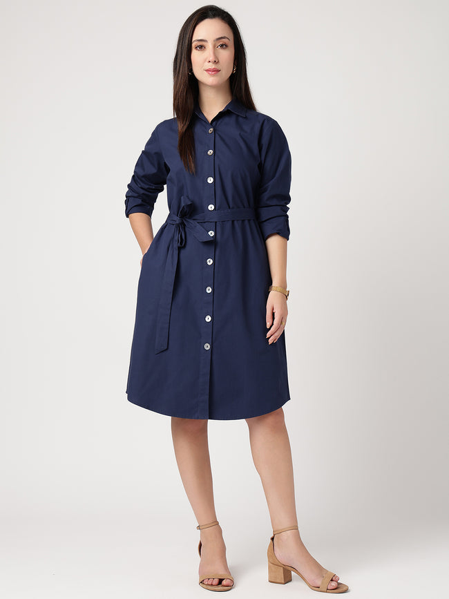 Women Navy Blue Cotton Shirt Dress