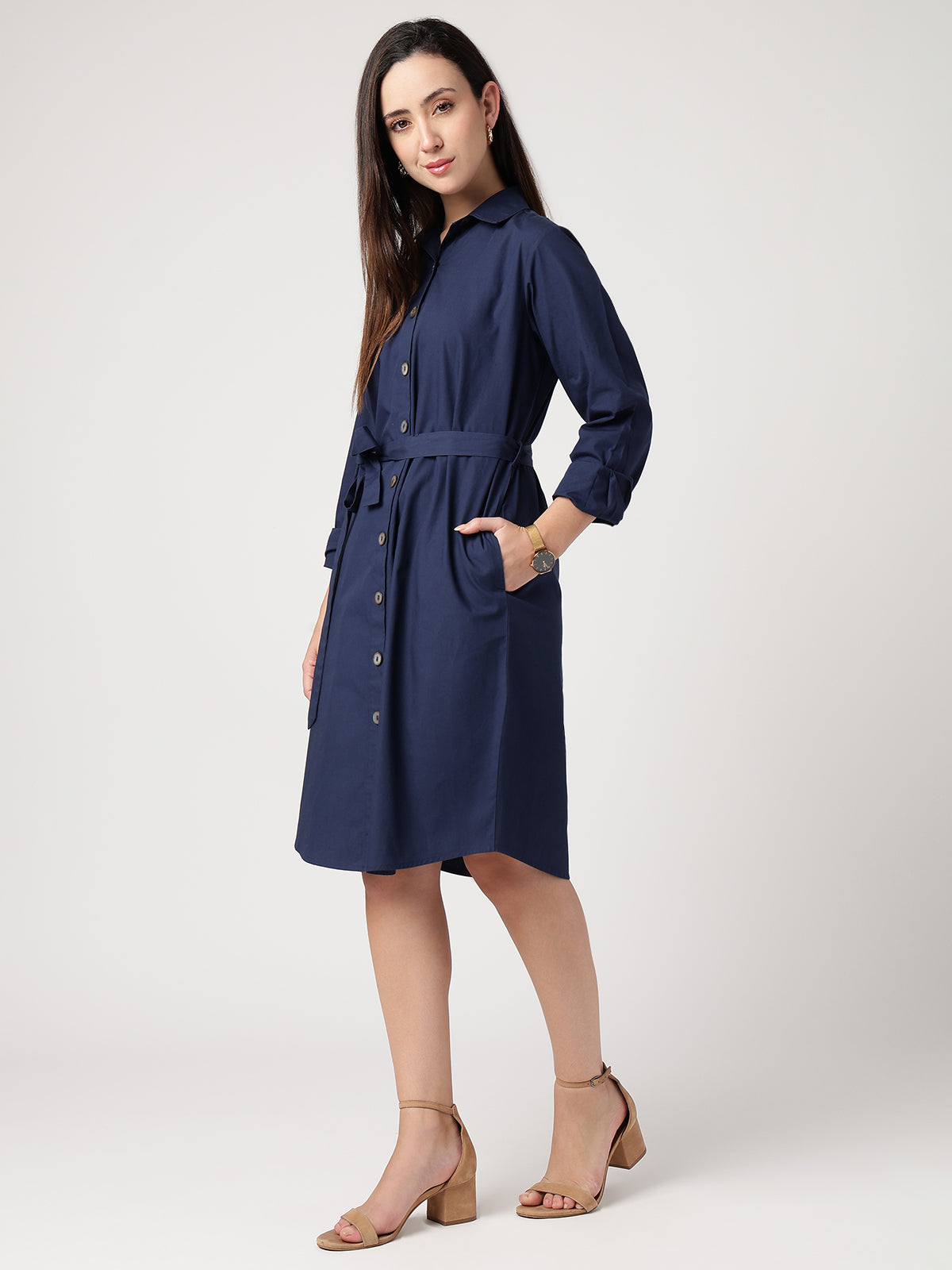 Women Navy Blue Cotton Shirt Dress