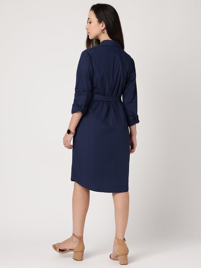 Women Navy Blue Cotton Shirt Dress