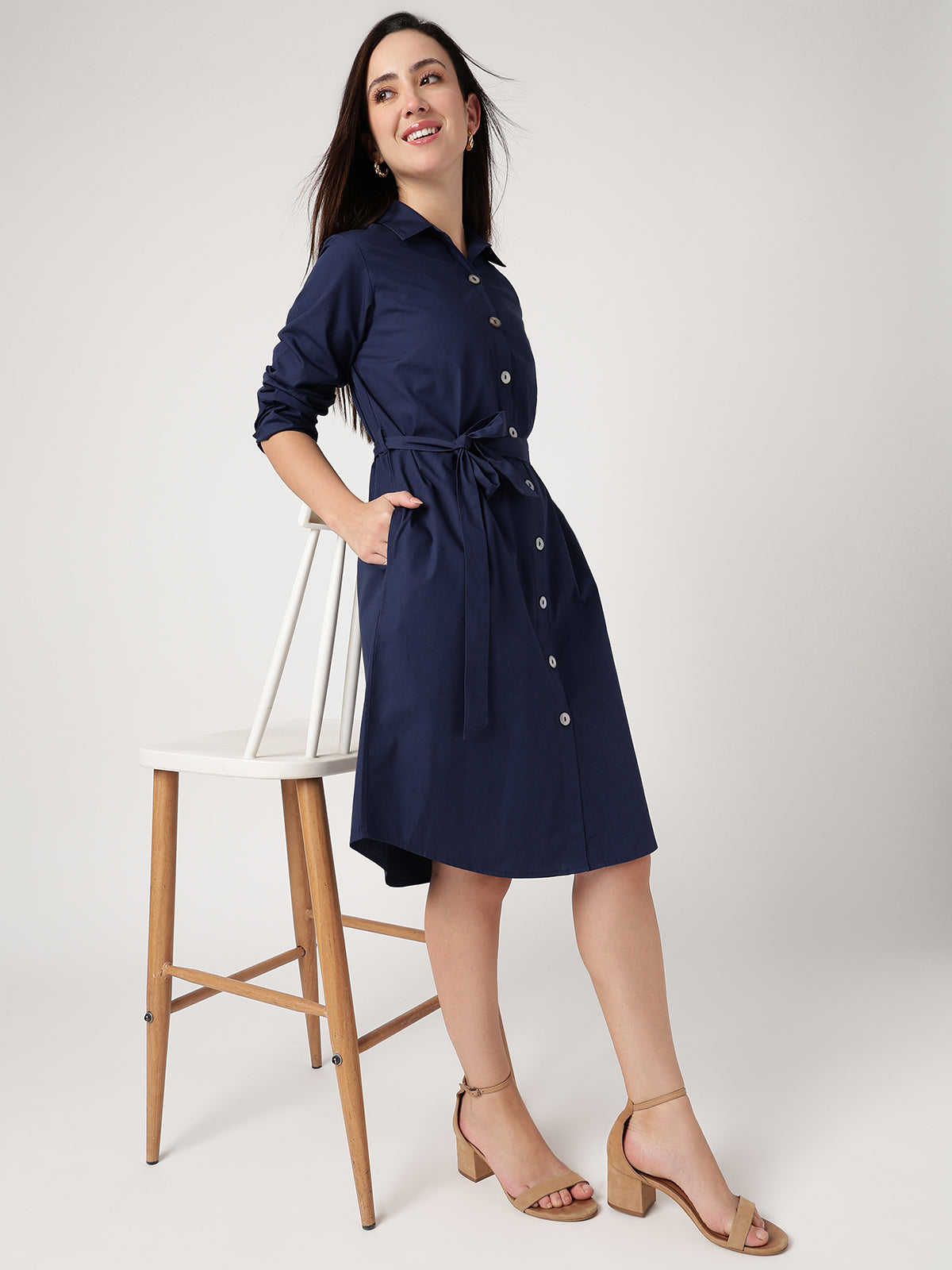 Women Navy Blue Cotton Shirt Dress