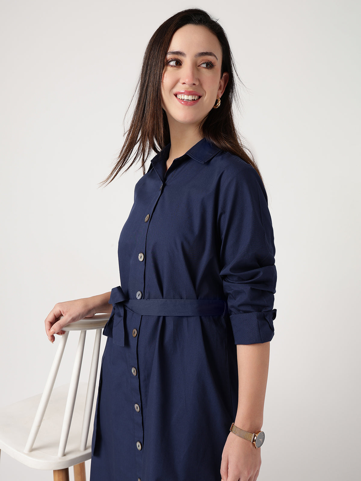 Women Navy Blue Cotton Shirt Dress