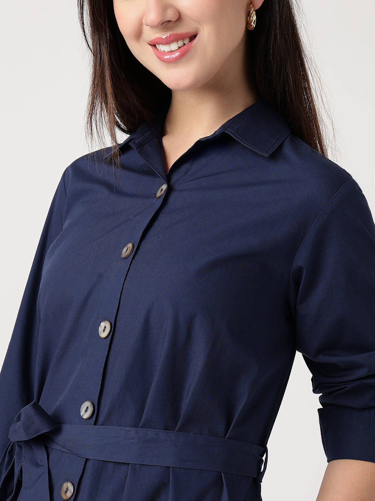 Women Navy Blue Cotton Shirt Dress