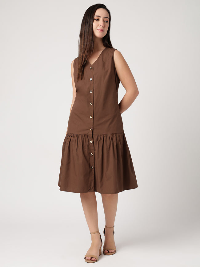 Women Brown Cotton Gathered Dress