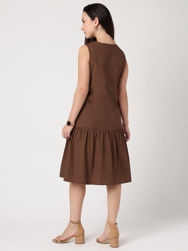Women Brown Cotton Gathered Dress