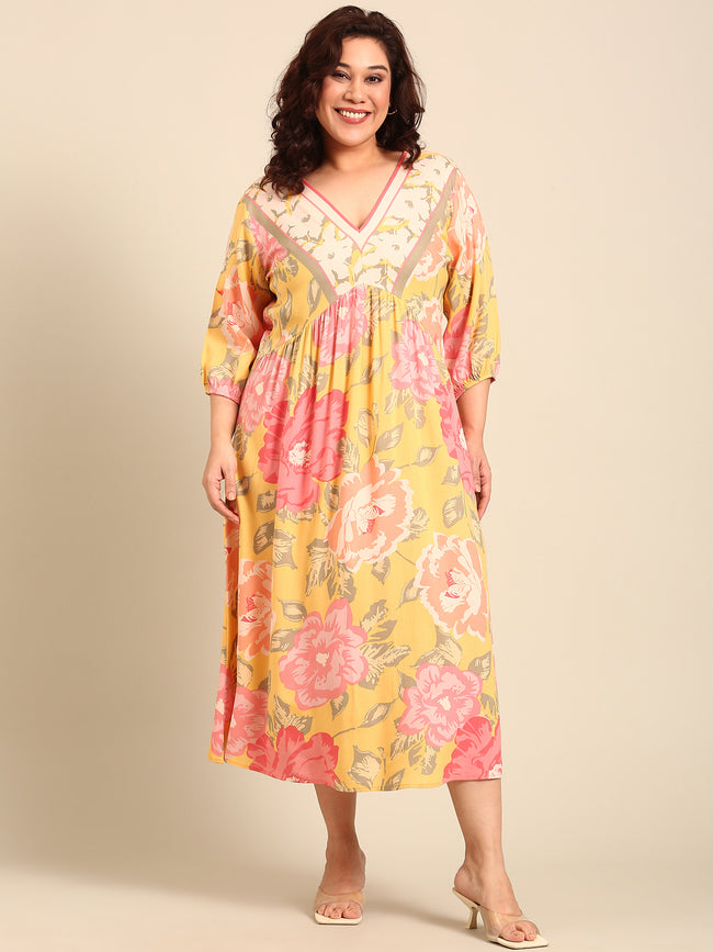 Women Plus Blomming Floral Placement Print Dress