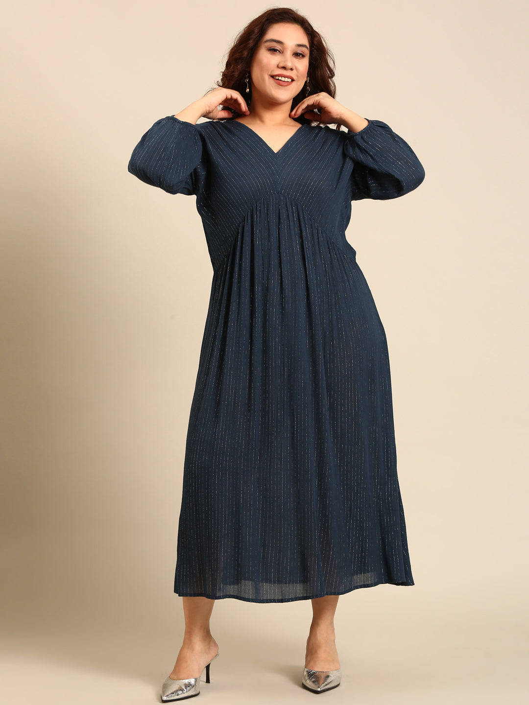 Women Teal Lurex Maxi Dress